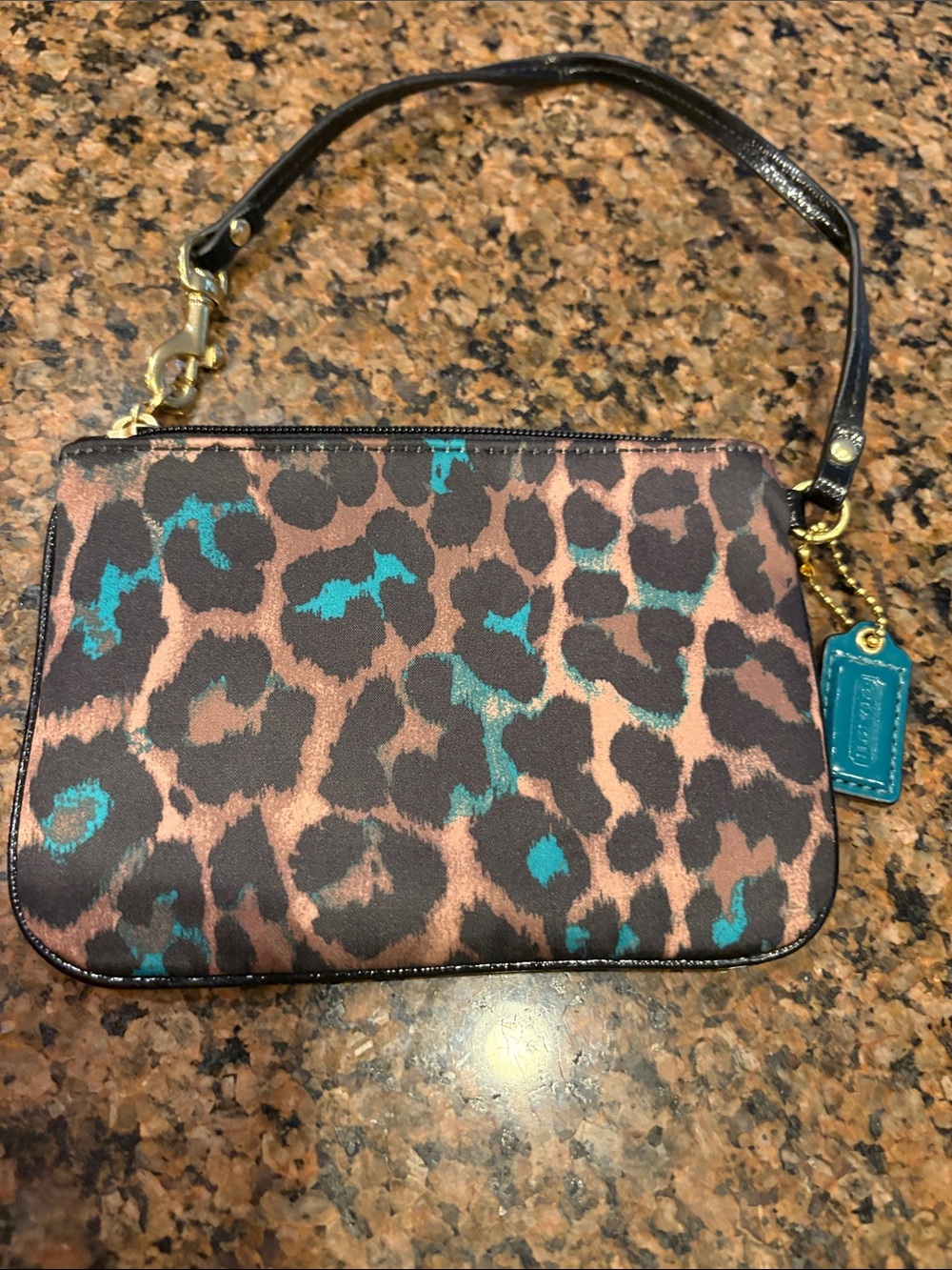 Coach Wristlet Clutch Small Jade Leopard Ocelot Black Brown Teal - Picture 3 of 5